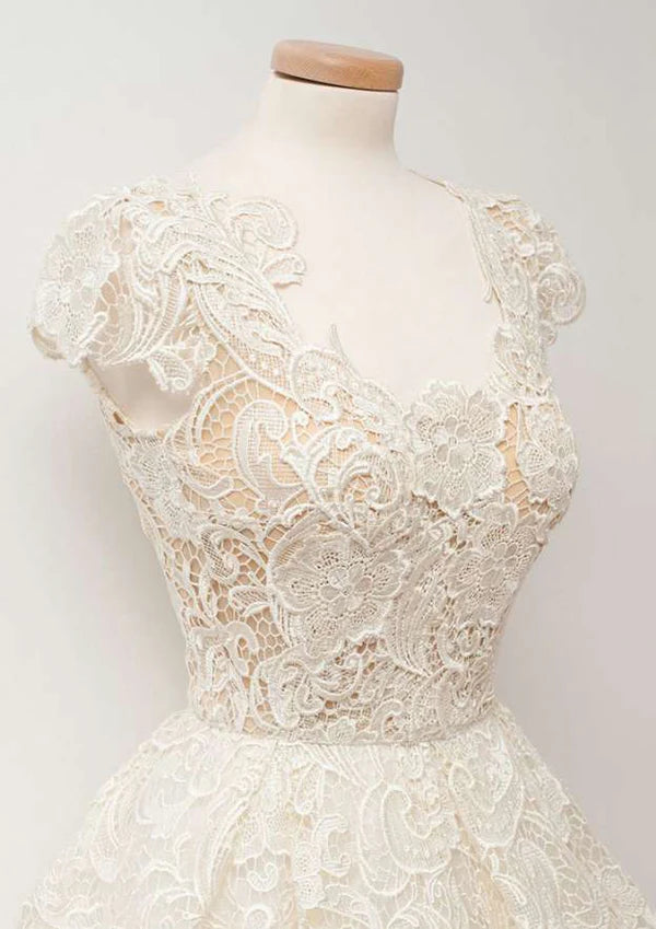 Weitese Dress Elegant A-line Scalloped Neck Cap Sleeve Lace Homecoming Dress Vintage Zipper Party Dress